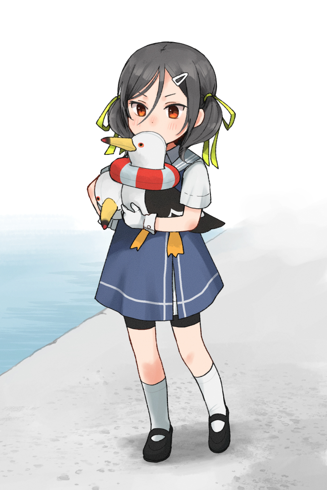 1girl annin_musou bike_shorts bird black_hair blue_dress brown_eyes collared_shirt commentary_request dress dress_shirt full_body gloves grey_sailor_collar inagi_(kancolle) kantai_collection low_twintails mary_janes sailor_collar seagull shirt shoes shorts_under_dress socks twintails white_gloves white_shirt white_socks