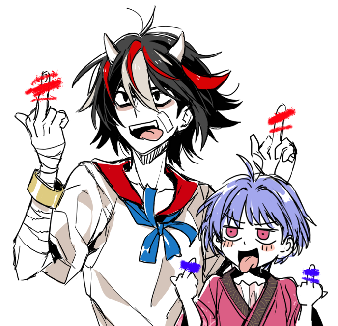 2girls ahoge bandaged_arm bandages bar_censor black_hair blush censored collarbone double_middle_finger horns kijin_seija messy_hair middle_finger multicolored_hair multiple_girls purple_hair re_ghotion red_eyes redhead short_hair simple_background streaked_hair sukuna_shinmyoumaru tongue tongue_out touhou upper_body white_background