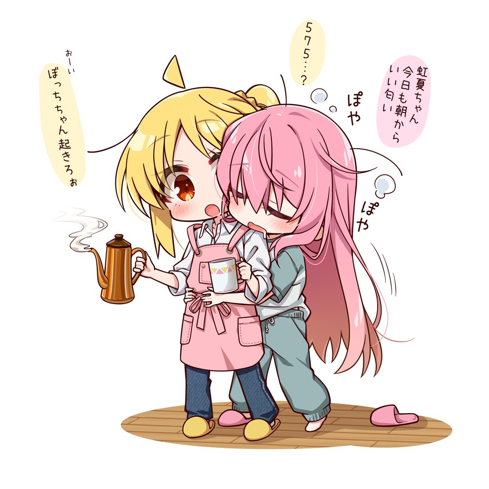2girls ahoge apron blonde_hair blue_pants bocchi_the_rock! chibi chika_(06chimika13) closed_eyes commentary_request cup detached_ahoge drooling gotoh_hitori grey_pajamas holding holding_cup hug hug_from_behind ijichi_nijika long_hair mug multiple_girls pajamas pants pink_apron pink_footwear pink_hair red_eyes shirt single_slipper sleep_bubble sleeping sleeping_upright sleepy slippers translation_request white_background white_shirt yellow_footwear