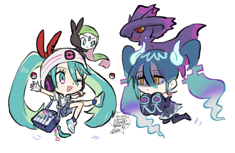 2girls ;d aqua_eyes aqua_hair bag beanie blue_bag blue_socks chibi closed_mouth collared_shirt detached_sleeves eyelashes film_grain floating ghost_miku_(project_voltage) ghost_pose gloves grey_skirt hair_between_eyes handbag hat hat_ribbon hatsune_miku light_green_hair long_hair long_sleeves looking_at_another meloetta meloetta_(aria) miniskirt mismagius motion_lines multicolored_hair multiple_girls one_eye_closed outstretched_arms poke_ball poke_ball_(basic) pokemon pokemon_(creature) project_voltage psychic_miku_(project_voltage) red_ribbon ribbon sagemaru-br shirt shoes signature simple_background single_glove skirt sleeves_past_wrists smile socks spread_arms twintails twitter_username two-tone_hair very_long_hair vocaloid white_background white_gloves white_headwear white_shirt