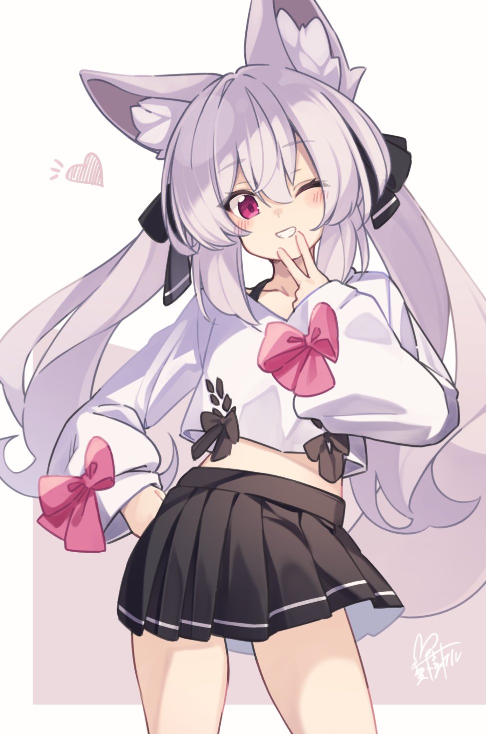 1girl animal_ear_fluff animal_ears black_bow black_skirt bow commentary_request copyright_request crop_top grey_background grey_hair grin hair_between_eyes hand_on_own_hip hand_up head_tilt highres long_hair long_sleeves midriff natsuki_teru pink_bow puffy_long_sleeves puffy_sleeves shirt signature skirt sleeves_past_wrists smile solo twintails two-tone_background v_over_mouth very_long_hair violet_eyes white_background white_shirt