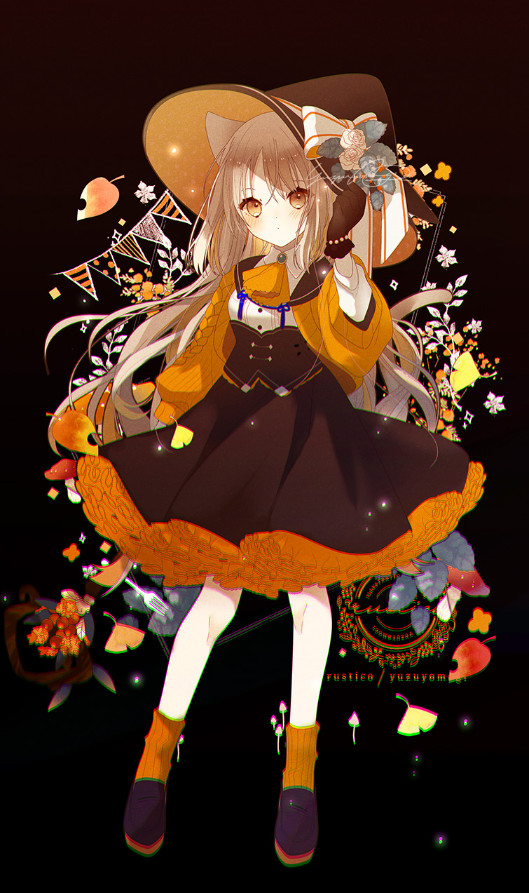 1girl animal_ears black_background black_footwear black_gloves black_headwear black_skirt bow breasts brown_eyes brown_hair closed_mouth commentary_request flower full_body ginkgo_leaf gloves hand_up hat hat_bow hat_flower highres jacket leaf long_hair long_sleeves looking_at_viewer open_clothes open_jacket orange_jacket orange_socks original pennant puffy_long_sleeves puffy_sleeves ribbed_legwear ribbed_socks rose shirt shoes simple_background skirt small_breasts socks solo string_of_flags striped striped_bow very_long_hair white_bow white_flower white_rose white_shirt witch_hat yuzuyomogi
