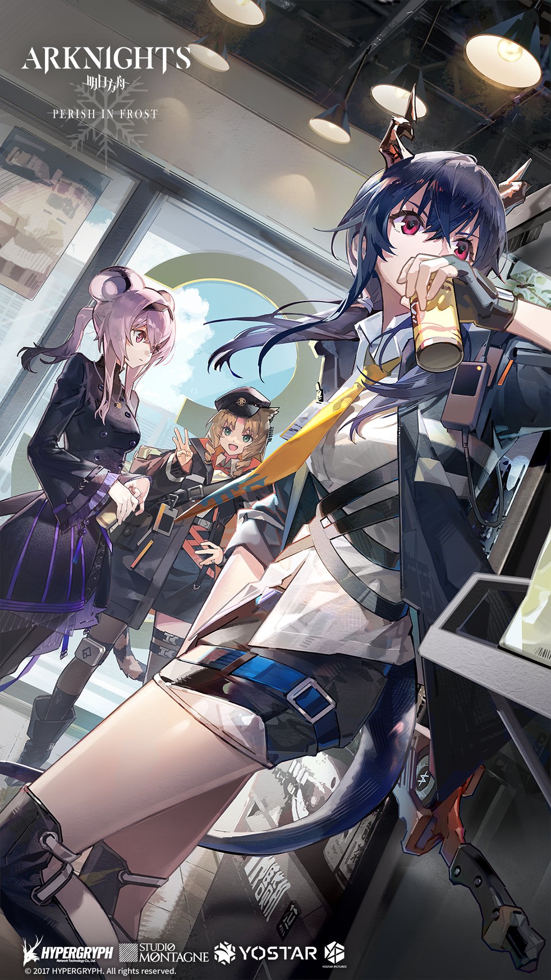 3girls animal_ears arknights black_hairband can ch'en_(arknights) chi_xiao_(arknights) dragon_girl dragon_horns dragon_tail drill_hair drill_sidelocks drink drinking english_text hairband highres holding holding_can holding_drink horns lin_(arknights) mouse_ears mouse_girl mouse_tail multiple_girls necktie official_art sidelocks soda_can swire_(arknights) tail tiger_ears tiger_girl tiger_tail yellow_necktie yostar