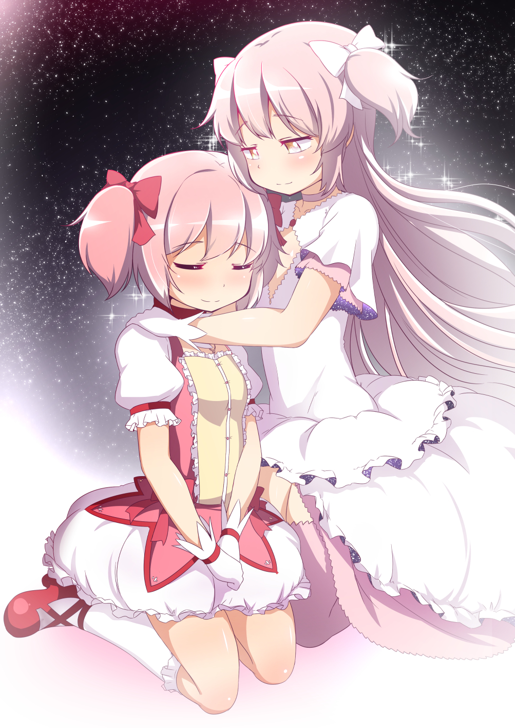 2girls abutomato bow bubble_skirt choker closed_eyes closed_mouth commentary_request dress frills goddess_madoka hair_bow highres hug kaname_madoka kneehighs long_hair magical_girl mahou_shoujo_madoka_magica mahou_shoujo_madoka_magica_(anime) multiple_girls pink_choker pink_hair pink_thighhighs red_bow red_choker red_footwear seiza shoes short_hair short_twintails sitting skirt smile socks thigh-highs twintails two_side_up white_bow white_dress white_socks yellow_eyes zettai_ryouiki