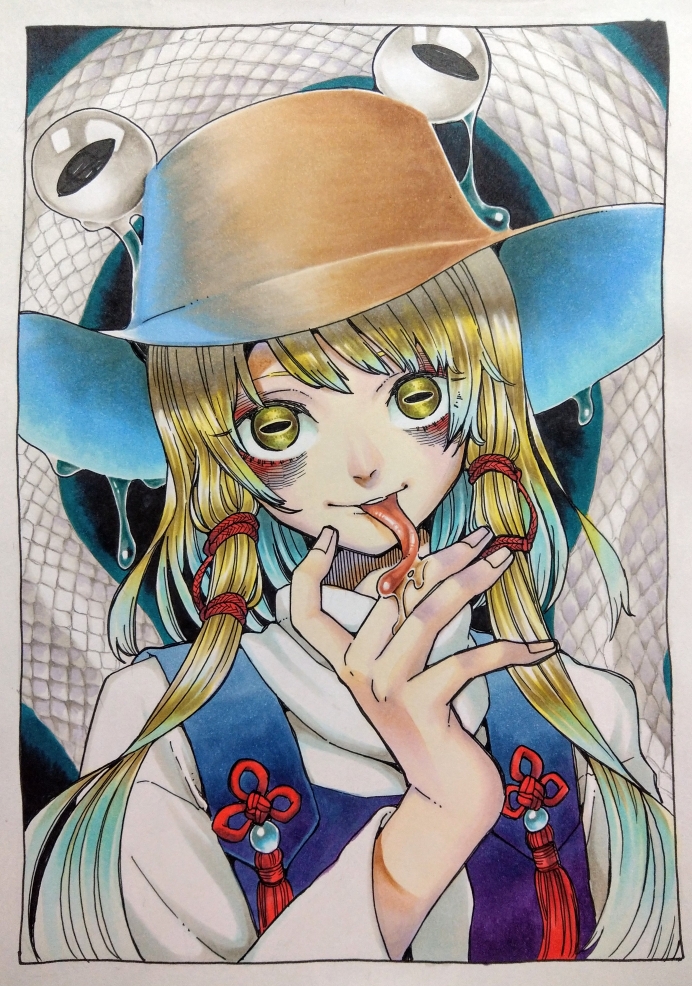 1girl bags_under_eyes blonde_hair blue_gemstone blue_vest bow brown_headwear drooling frog_girl gem hair_bow hat horizontal_pupils jewelry long_hair long_sleeves long_tongue looking_at_viewer moriya_suwako red_bow saliva scales sidelocks smile snake sweater teeth tongue tongue_out touhou traditional_media turtleneck turtleneck_sweater upper_teeth_only vest white_sweater whoru yellow_eyes
