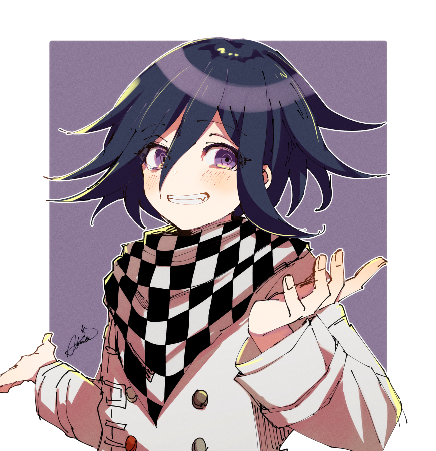1boy aka_tonbo_(lililil) black_hair blush buttons checkered_clothes checkered_scarf danganronpa_(series) danganronpa_v3:_killing_harmony double-breasted fang grin hair_between_eyes hands_up jacket long_sleeves male_focus oma_kokichi outline purple_background scarf signature smile teeth upper_body violet_eyes white_background white_outline