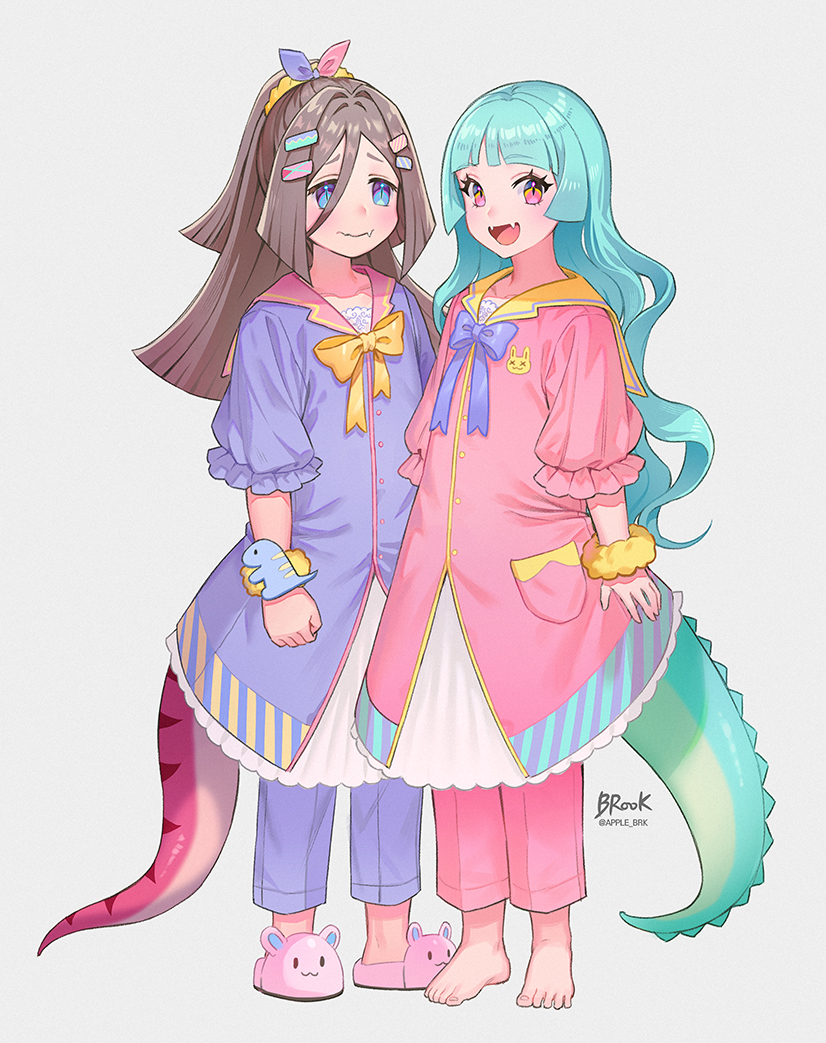 2girls :d animal_print apple_brk aqua_hair arms_at_sides artist_name barefoot blue_eyes blunt_bangs blunt_ends bow bowtie brown_hair buttons clenched_hand collarbone dinosaur_tail dress fang fangs frilled_sleeves frills from_side full_body grey_background hair_between_eyes hair_intakes hair_ornament hairclip long_hair looking_at_viewer multiple_girls open_mouth original pants pink_dress pink_eyes pink_pants pocket ponytail purple_dress purple_pants rabbit_print sailor_collar scrunchie signature simple_background skin_fang skin_fangs skirt slippers slit_pupils smile standing tail twitter_username wavy_hair wavy_mouth white_skirt wrist_scrunchie yellow_bow yellow_bowtie