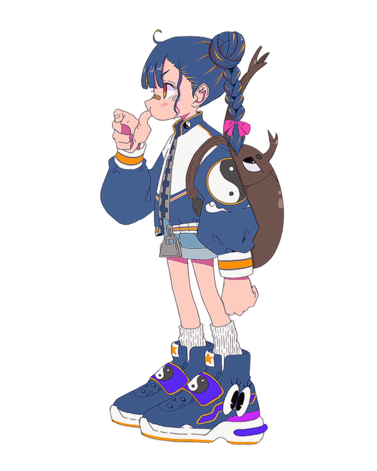1girl ahoge backpack bag bandaid bandaid_on_face bandaid_on_nose beetle blue_footwear blue_hair blue_jacket blue_shorts blunt_bangs braid bug double_bun from_side full_body hair_bun hand_up highres jacket long_sleeves medium_hair nao97122 open_clothes open_jacket original red_eyes rhinoceros_beetle ribbed_socks shoes short_shorts shorts simple_background sneakers socks solo standing thumb_sucking twin_braids unzipped white_background white_socks yin_yang yin_yang_print zipper zipper_pull_tab