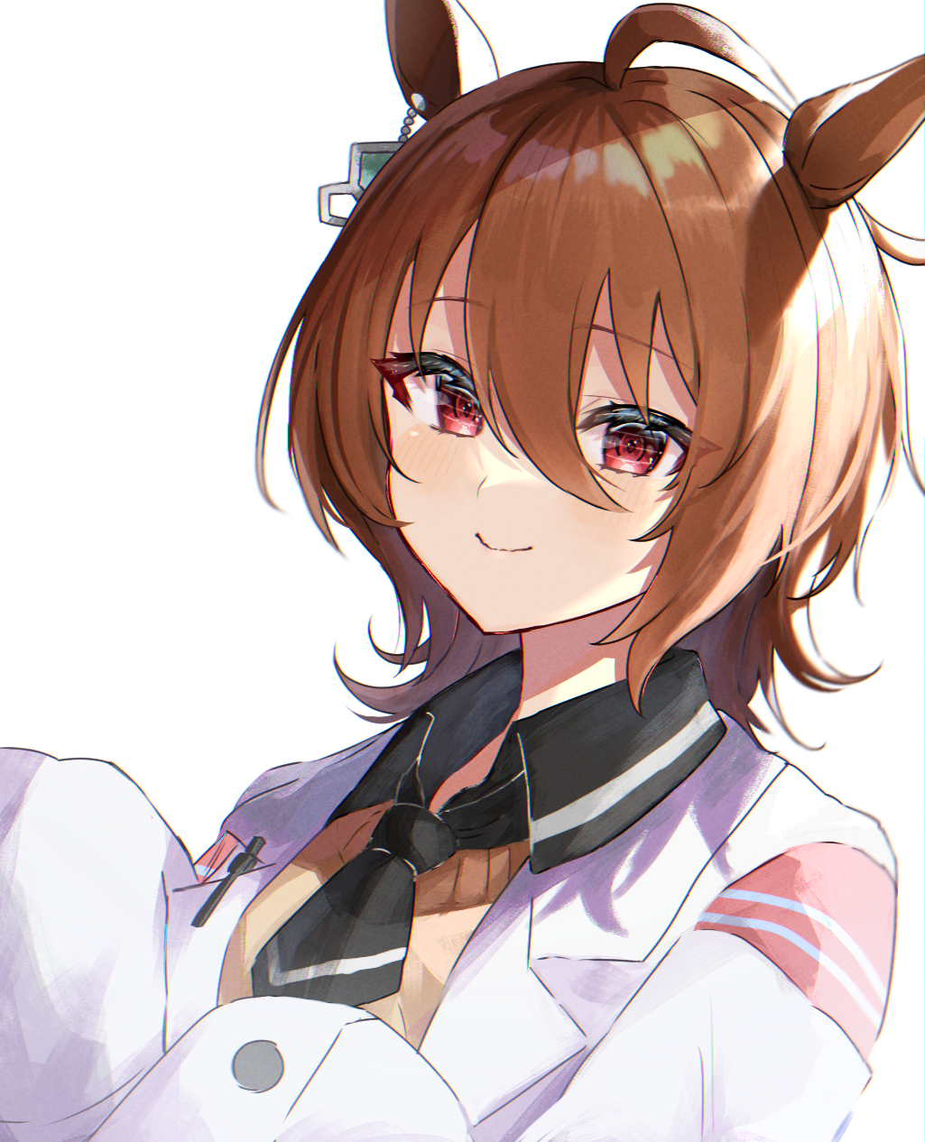 1girl agnes_tachyon_(umamusume) ahoge animal_ears black_necktie blush brown_hair closed_mouth coat collared_shirt commentary_request earrings hair_between_eyes highres horse_ears horse_girl jewelry lab_coat looking_at_viewer messy_hair mimuta necktie partial_commentary pen red_eyes shirt short_hair simple_background single_earring sleeves_past_fingers sleeves_past_wrists smile sweater_vest umamusume upper_body white_background white_coat yellow_sweater_vest