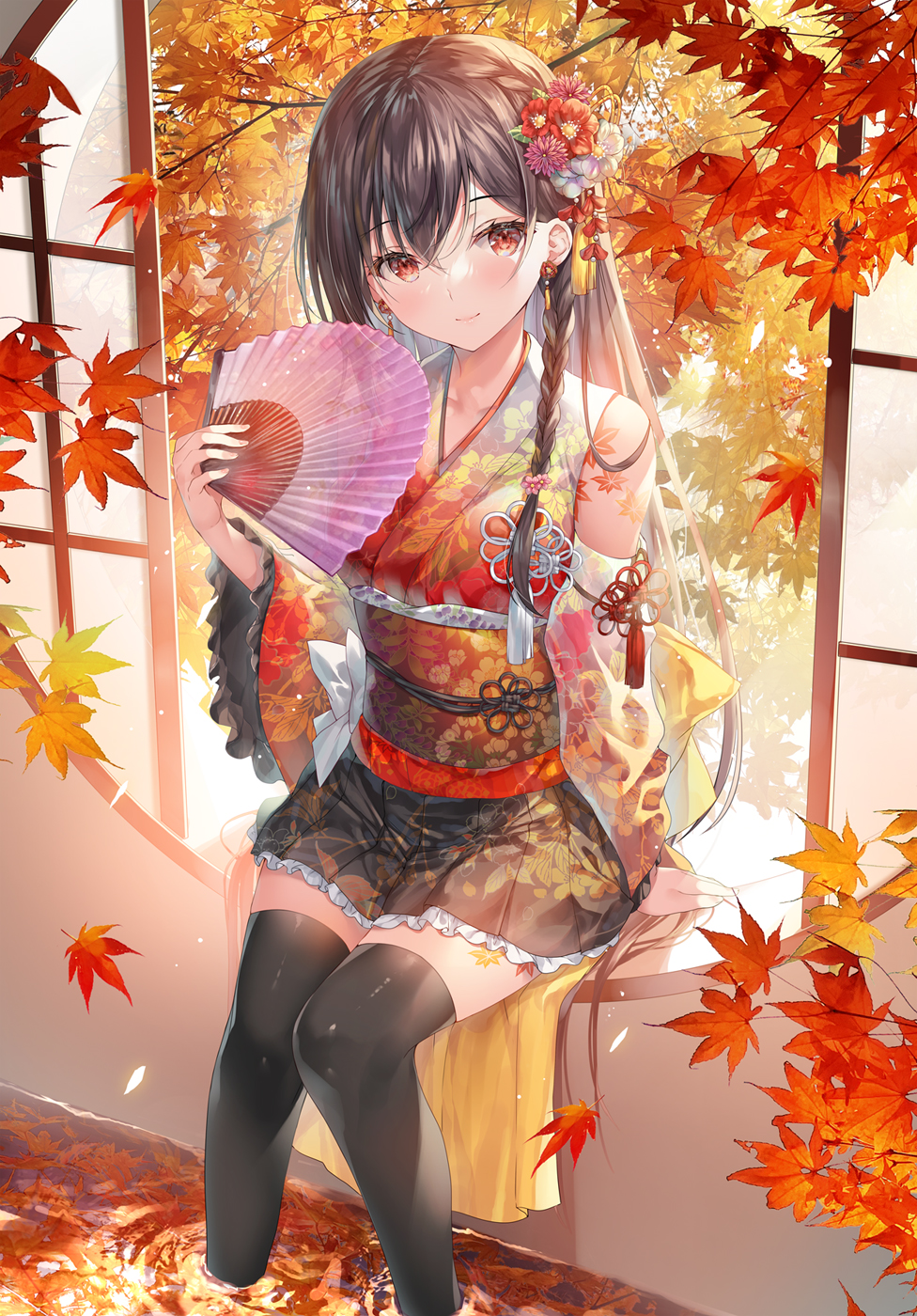 1girl arm_up autumn autumn_leaves black_hair black_thighhighs braid bush commentary_request crossed_bangs detached_sleeves floral_print flower gradient_kimono hair_flower hair_ornament hand_fan highres holding holding_fan japanese_clothes kimono leaf long_hair miwabe_sakura original paper_fan red_eyes sitting solo thigh-highs water wide_sleeves window zettai_ryouiki