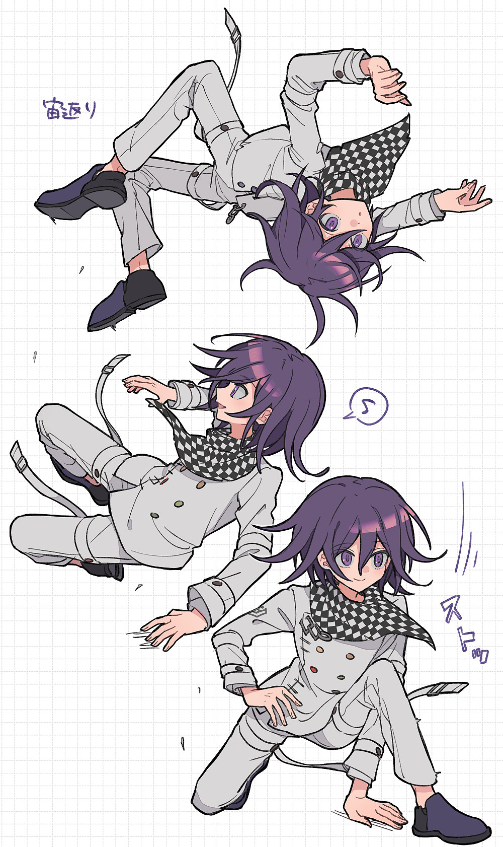 1boy :d black_footwear buttons checkered_clothes checkered_scarf danganronpa_(series) danganronpa_v3:_killing_harmony double-breasted grey_jacket grey_pants highres jacket long_sleeves male_focus medium_hair musical_note oma_kokichi pants purple_footwear purple_hair scarf simple_background smile speech_bubble spoken_musical_note two-tone_footwear violet_eyes white_background xiao_(grsnss25)
