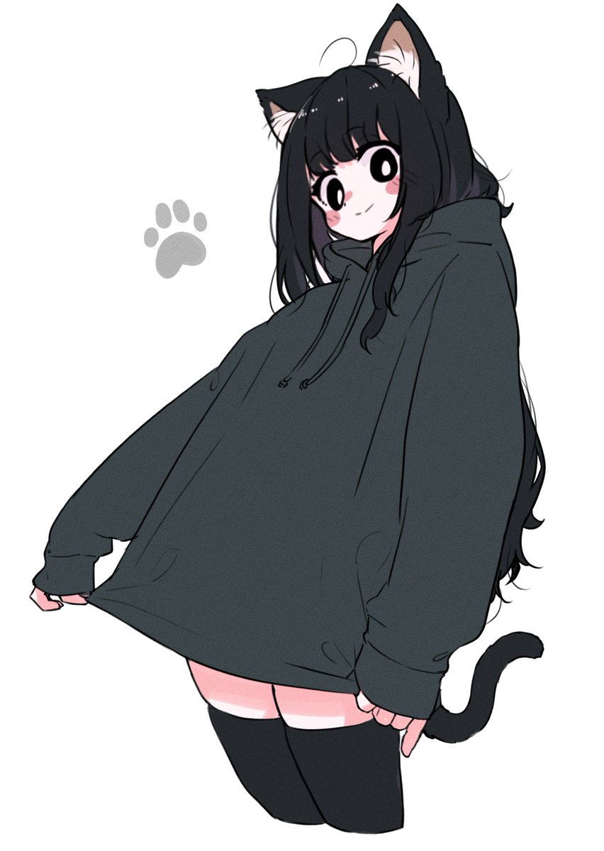 ahoge animal_ears black_eyes black_hair black_hoodie black_shorts blush cat_ears cat_girl cat_tail clothes_pull commentary_request eyelashes happy highres hood hoodie leaning_back long_hair looking_at_viewer medium_bangs megateru messy_hair original oversized_clothes paw_print shorts simple_background skindentation sleeves_past_wrists smile tail tareme thigh-highs very_long_hair white_background