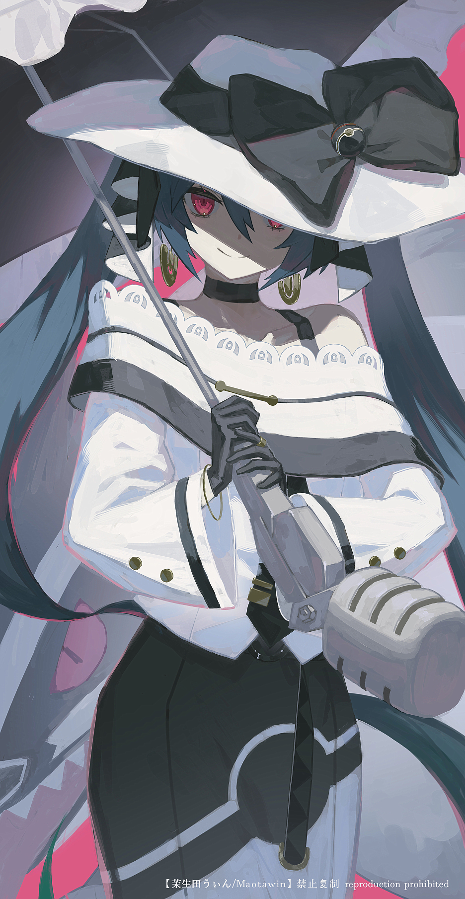 1girl 3pel1 black_bow black_gloves blue_hair bow dark_miku_(project_voltage) earrings gloves hair_ribbon hat hat_bow hatsune_miku highres holding holding_umbrella jewelry long_hair long_sleeves looking_at_viewer luxury_ball microphone obstagoon pink_background pink_eyes poke_ball pokemon pokemon_(creature) project_voltage ribbon simple_background smile twintails umbrella very_long_hair vocaloid white_headwear