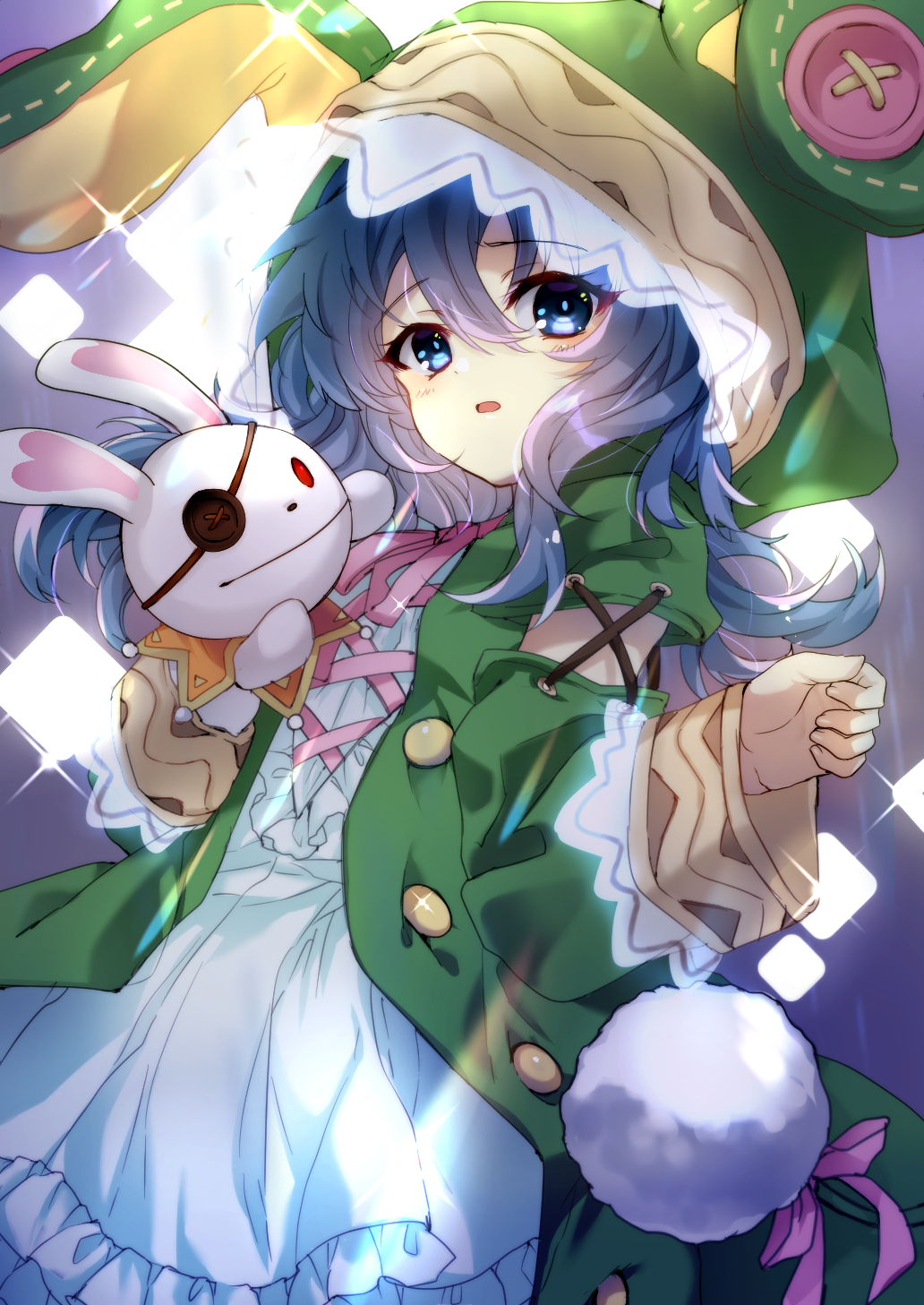1girl animal_ear_hood animal_ears artist_name backlighting blue_background blue_eyes blue_hair commentary_request cowboy_shot date_a_live dress eyelashes frilled_dress frills frown green_jacket hand_up highres hood hood_up jacket light_blush long_hair long_sleeves looking_at_viewer neck_ribbon open_clothes open_jacket open_mouth pink_ribbon pom_pom_(clothes) poppu rabbit_ears ribbon simple_background solo sparkle standing wavy_hair white_dress wide_sleeves yoshino_(date_a_live) yoshinon