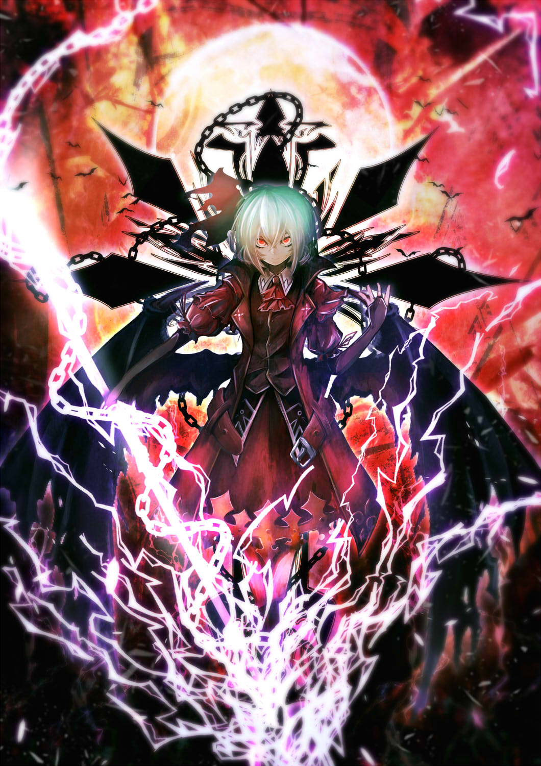 1girl ascot bat_(animal) black_vest black_wings blue_hair chain closed_mouth coat collared_shirt commentary_request demon_wings denpa_rasaito full_body hair_between_eyes hair_ribbon highres lightning long_bangs looking_at_viewer moon red_ascot red_coat red_eyes red_moon red_ribbon red_skirt remilia_scarlet ribbon shirt short_hair skirt smile solo touhou vest white_shirt wings