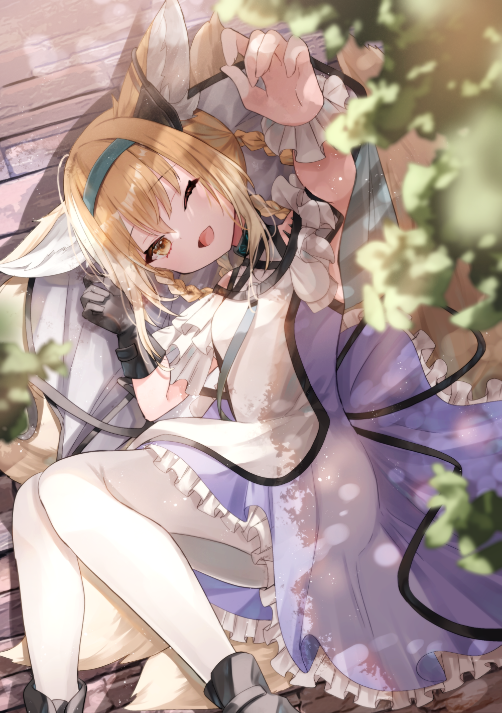 1girl ;d animal_ear_fluff animal_ears arknights bare_shoulders black_footwear black_gloves blonde_hair blue_hairband blurry blurry_foreground braid braided_hair_rings clothing_cutout colored_tips commentary day depth_of_field dress earpiece feet_out_of_frame fox_ears fox_girl fox_tail frilled_dress frills gloves hair_between_eyes hair_rings hairband highres infection_monitor_(arknights) kitsune kyuubi looking_at_viewer lying multicolored_hair multiple_tails on_side one_eye_closed open_mouth oripathy_lesion_(arknights) outdoors pantyhose purple_dress saiko_(saisaka) shoes short_sleeves shoulder_cutout single_glove smile solo suzuran_(arknights) tail twin_braids two-tone_hair white_hair white_pantyhose wrist_cuffs yellow_eyes