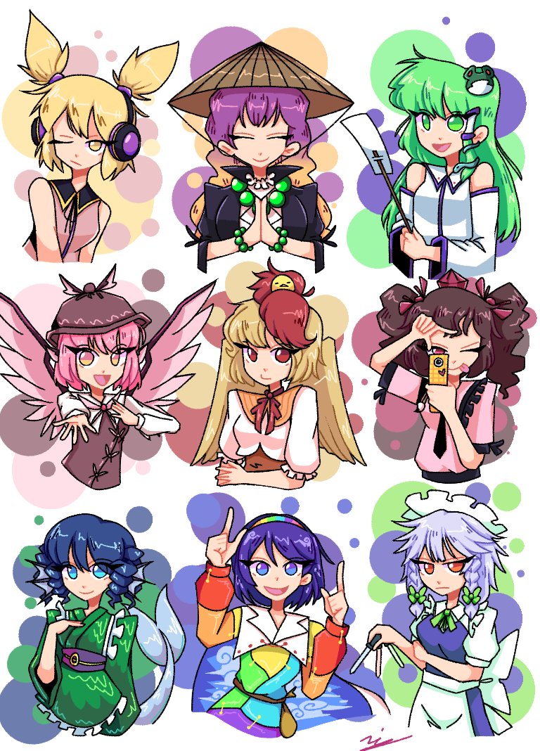6+girls :d ;/ ;p ajirogasa animal_on_head bead_necklace beads bird bird_on_head bird_wings blonde_hair blue_eyes blue_hair braid brown_hair brown_headwear cape chick closed_eyes closed_mouth commentary detached_sleeves earmuffs fins frilled_kimono frills frog_hair_ornament gohei gradient_hair green_eyes green_hair green_kimono grey_hair hair_ornament hair_tubes hat head_fins hijiri_byakuren himekaidou_hatate holding holding_knife index_fingers_raised izayoi_sakuya japanese_clothes jewelry kimono knife kochiya_sanae long_hair maid maid_headdress mermaid monster_girl multicolored_clothes multicolored_hair multicolored_hairband multiple_girls mystia_lorelei neckerchief necklace niwatari_kutaka on_head one_eye_closed own_hands_clasped own_hands_together pink_eyes pink_hair pink_wings pointy_ears purple_hair purple_headwear red_eyes red_neckerchief redhead sash shirt short_hair short_sleeves side_braids signature sky_print smile snake_hair_ornament symbol-only_commentary tenkyuu_chimata theyoiy tokin_hat tongue tongue_out touhou toyosatomimi_no_miko twin_braids twintails two-tone_hair upper_body wakasagihime white_shirt winged_hat wings yellow_eyes yellow_wings