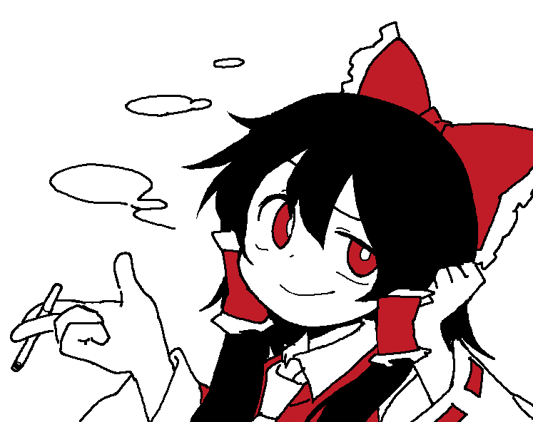 1girl ascot bbyong403 black_hair bow bright_pupils cigarette closed_mouth hair_bow hakurei_reimu hand_up holding holding_cigarette looking_at_viewer red_bow simple_background smile smoking solo touhou white_background white_pupils