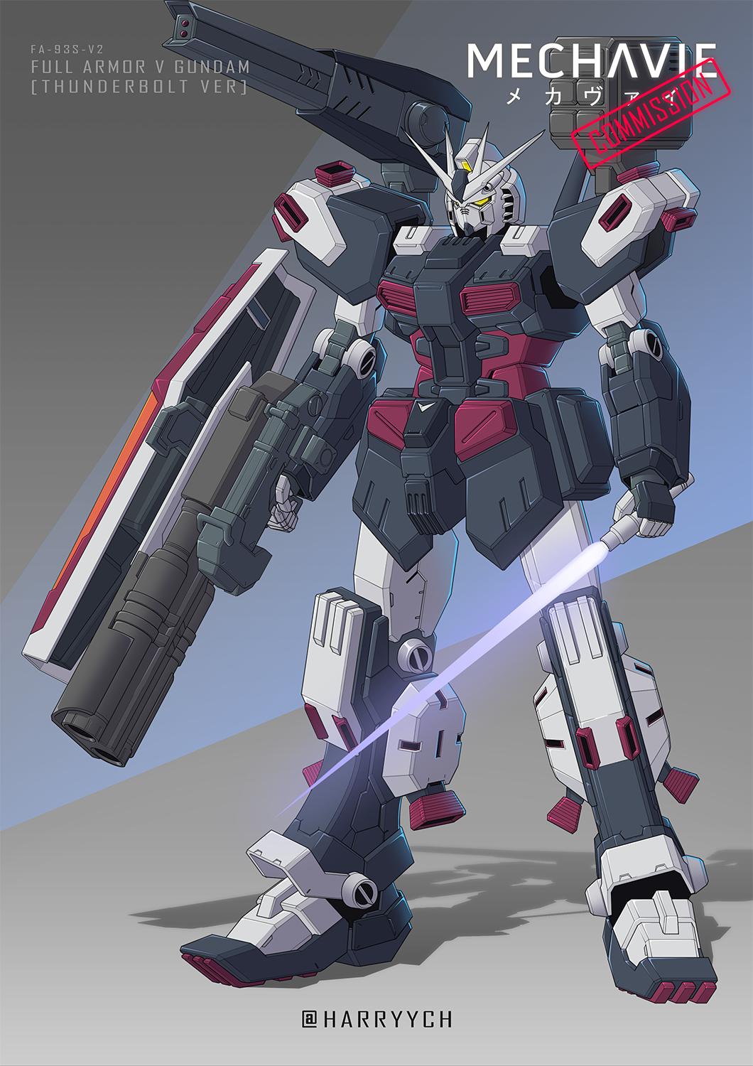 arm_shield beam_cannon beam_saber blue_background char's_counterattack character_name commentary_request commission dual_wielding english_commentary full_armor_gundam fusion grey_background gun gundam gundam_thunderbolt harryych highres holding holding_gun holding_sword holding_weapon mecha missile_pod mixed-language_commentary mobile_suit no_humans nu_gundam pixiv_commission robot science_fiction shadow shoulder_cannon solo standing sword twitter_username two-tone_background v-fin weapon yellow_eyes