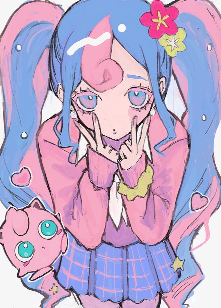 1girl blue_eyes blue_hair blue_skirt blush colored_eyelashes commentary_request curly_hair double_v earrings fairy_miku_(project_voltage) flower hair_flower hair_ornament hands_on_own_face hands_up hatsune_miku heart jewelry jigglypuff long_hair long_sleeves looking_at_viewer miniskirt motsu_(timotimo451) multicolored_hair nail_polish neckerchief pink_hair pink_nails pink_sweater plaid plaid_skirt pleated_skirt pokemon pokemon_(creature) project_voltage red_flower scrunchie sidelocks simple_background skirt solo star_(symbol) sweater twintails two-tone_hair v very_long_hair vocaloid white_background white_neckerchief wrist_scrunchie yellow_flower yellow_scrunchie