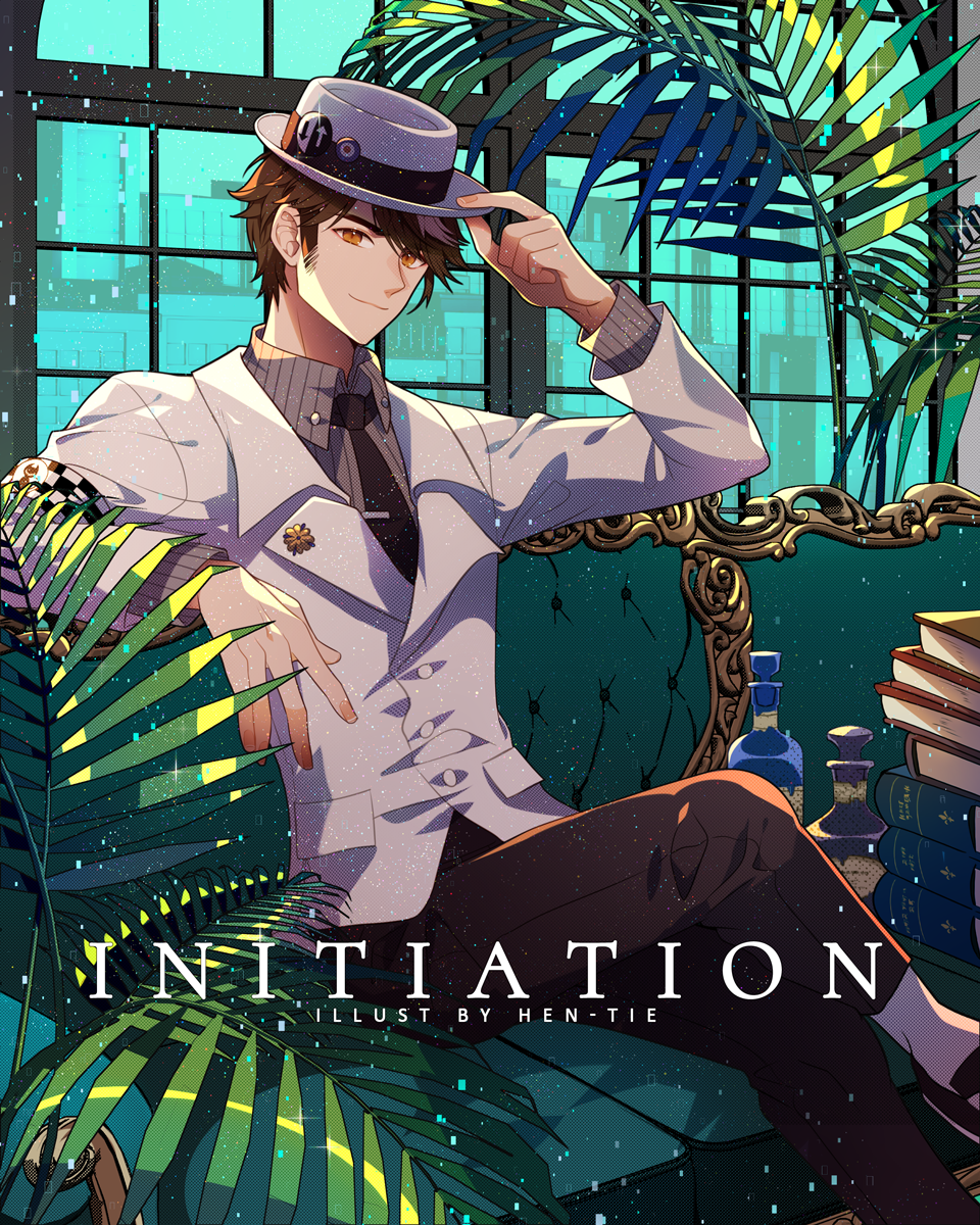 1boy arrow_(symbol) artist_name bishounen black_footwear black_necktie black_pants book book_stack bottle bowler_hat brown_hair buttons closed_mouth coattails collared_shirt commentary couch crossed_legs english_commentary english_text flower_pin foot_out_of_frame gift_art grey_shirt hand_on_headwear hat hat_pin hen-tie highres indoors jacket layered_sleeves light_smile long_sleeves male_focus necktie orange_eyes original palm_leaf pants plant potted_plant shirt shoes short_hair sitting socks solo striped striped_shirt vertical-striped_shirt vertical_stripes watermark white_headwear white_jacket white_socks window