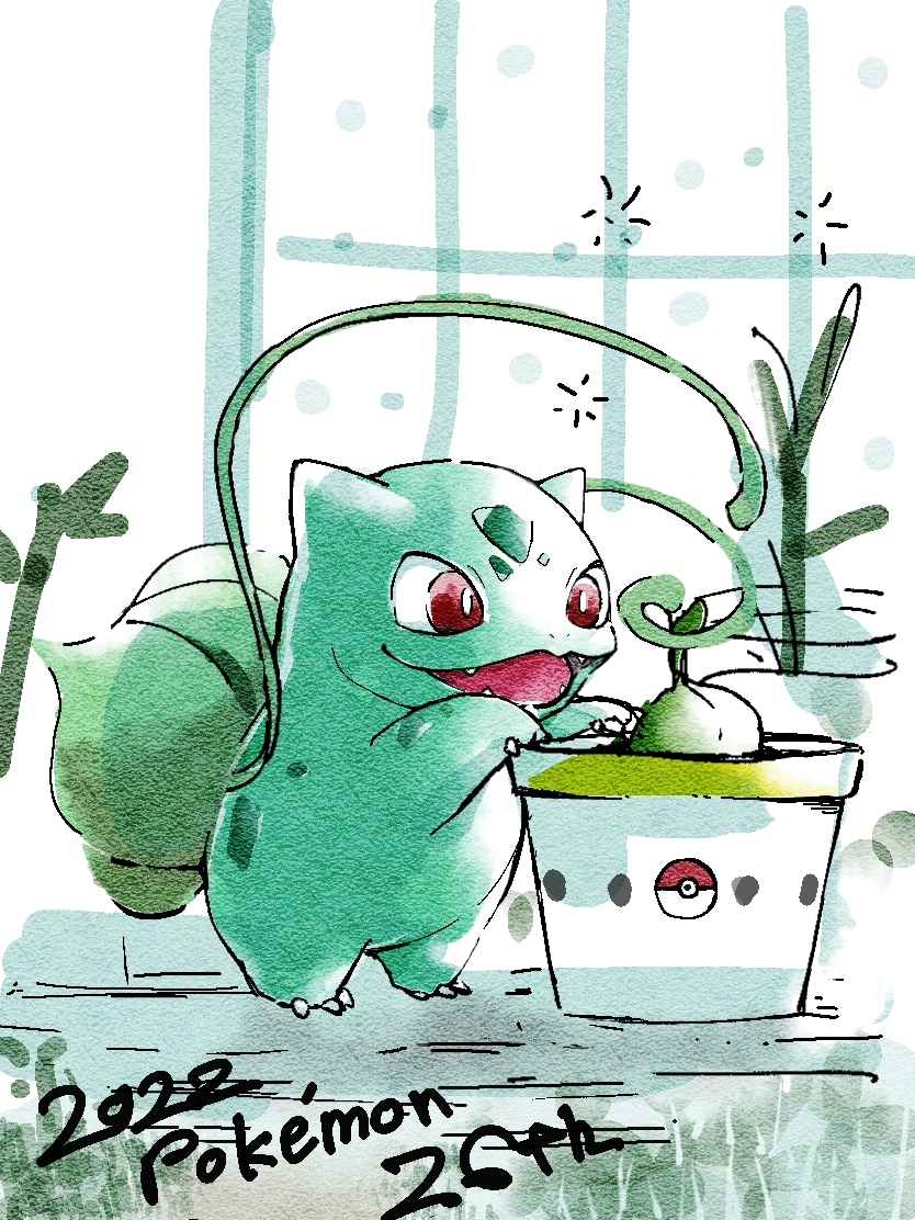 animal_focus bright_pupils bulbasaur claws dated fangs musashi_no_mori no_humans nostrils open_mouth plant pokemon pokemon_(creature) potted_plant red_eyes solo sprout vines white_pupils window