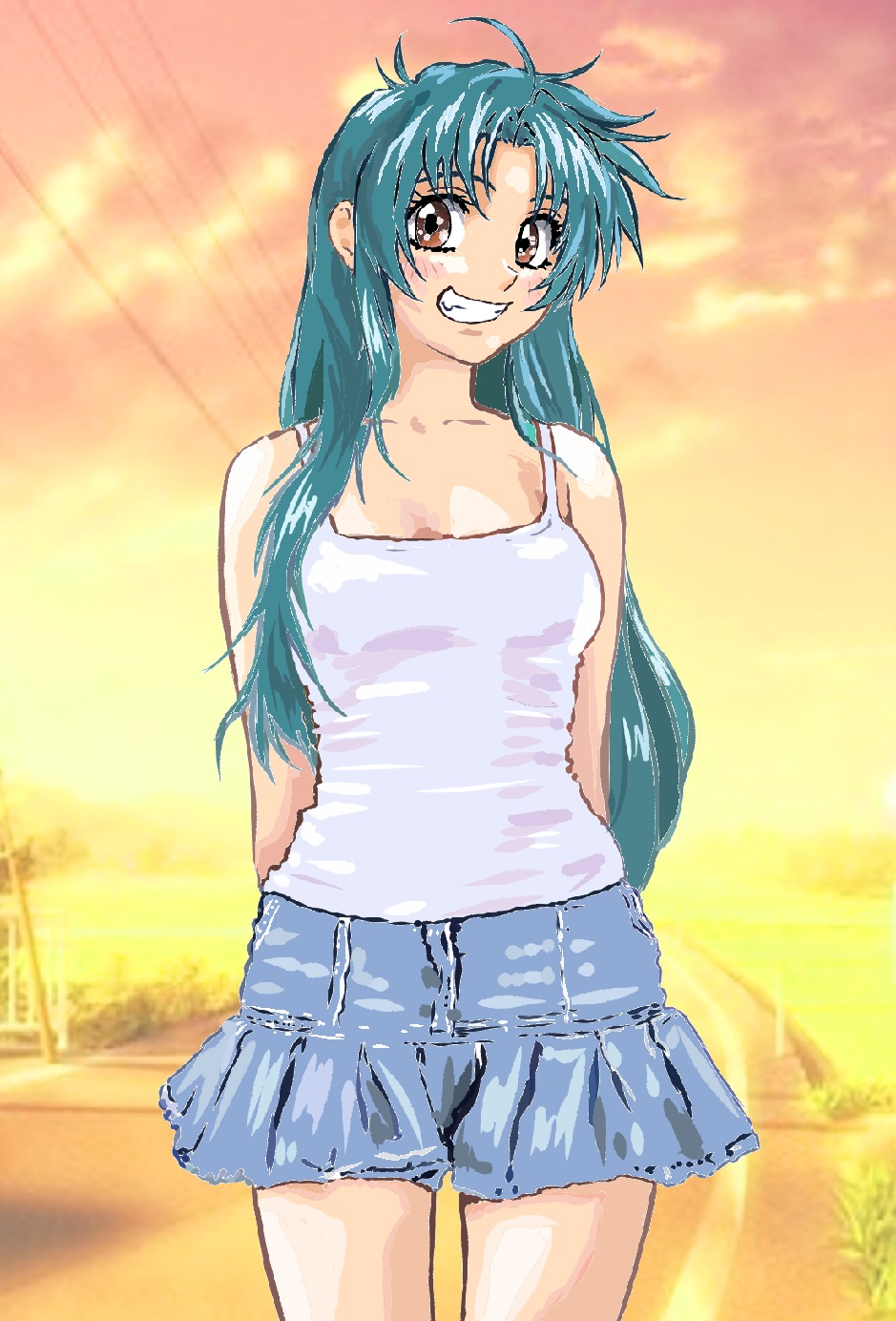 1girl arms_behind_back bare_shoulders blue_hair blue_shorts breasts brown_eyes camisole chidori_kaname clouds collarbone fang full_metal_panic! gradient_sky grin highres legs_apart long_hair medium_breasts mizumori_keiichi multicolored_sky outdoors pink_sky purple_sky road shorts sky smile solo standing teeth twilight white_camisole yellow_sky