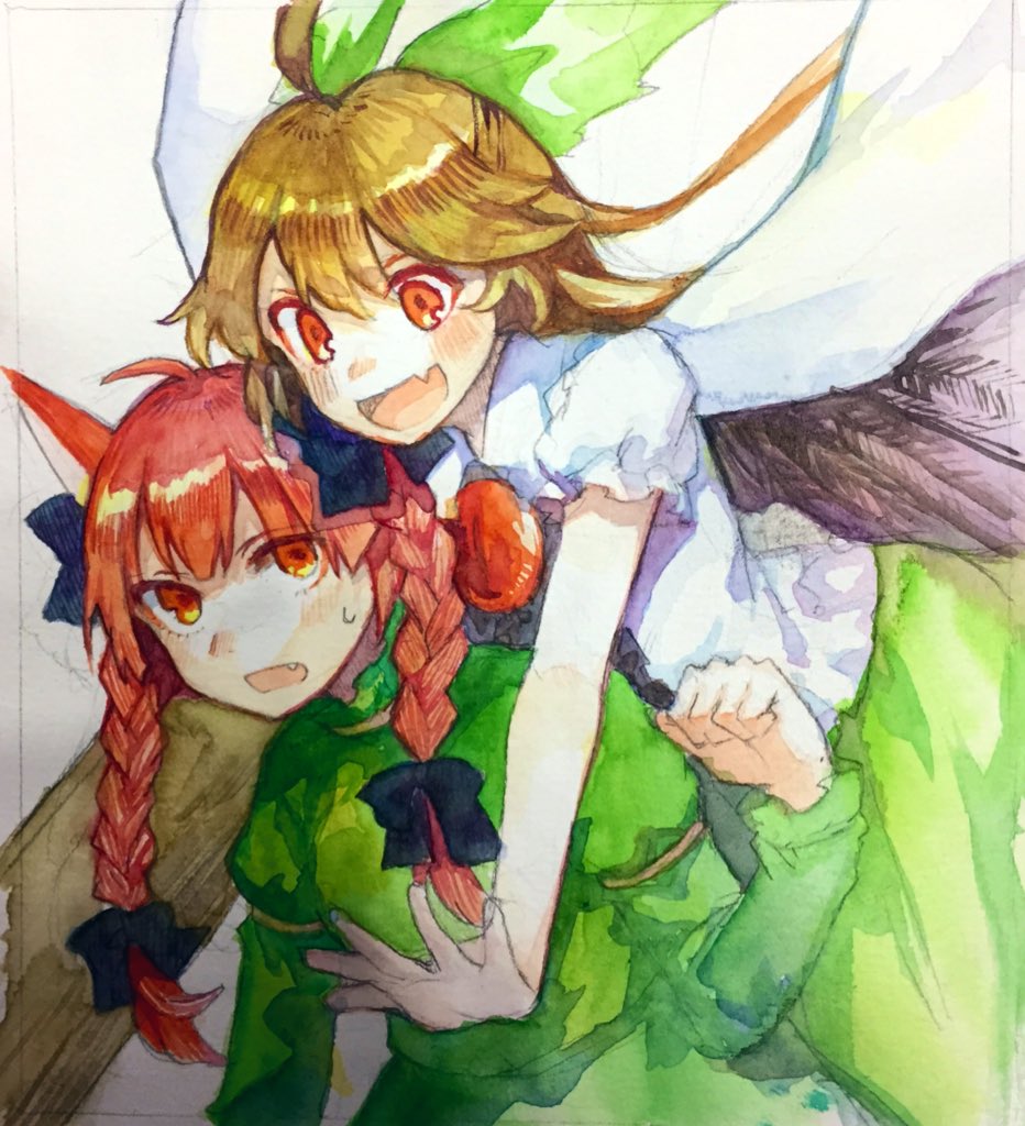 13_(spice!!) 2girls animal_ears bird_wings black_wings blush bow braid brown_hair cat_ears commentary_request dress green_bow green_dress green_skirt hair_bow hug hug_from_behind kaenbyou_rin long_hair long_sleeves looking_at_another multiple_girls open_mouth red_eyes redhead reiuji_utsuho shirt short_sleeves simple_background sketch skirt smile third_eye third_eye_on_chest touhou twin_braids white_shirt wings