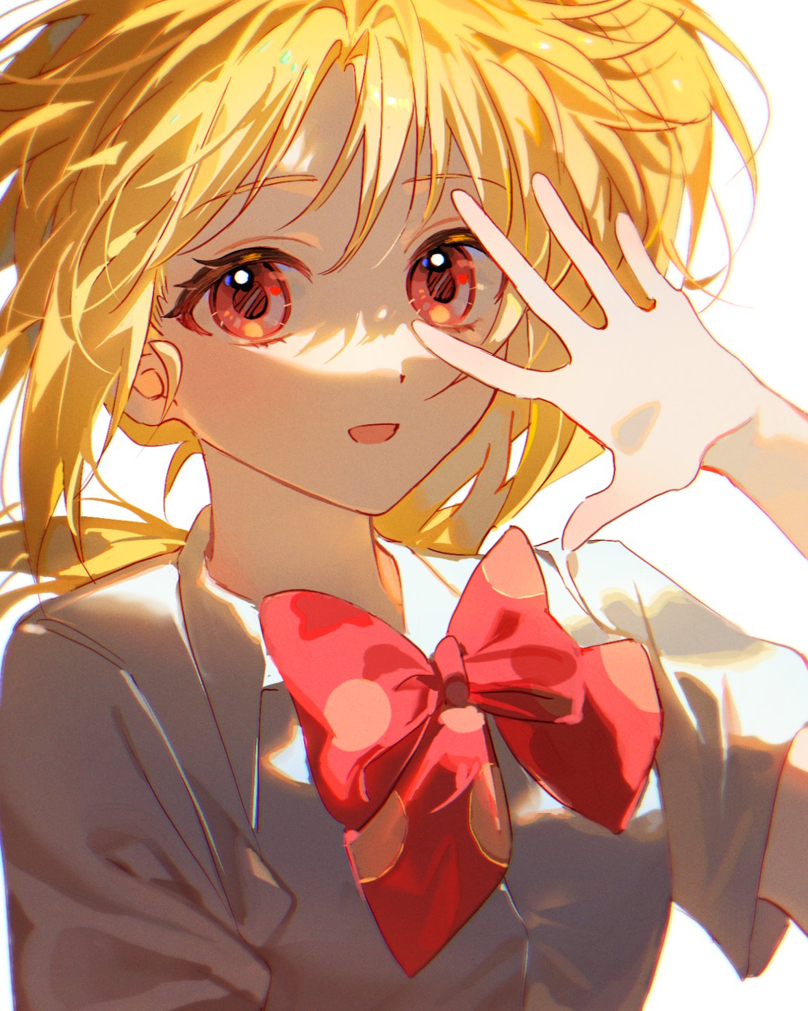 1girl bccommi blonde_hair bocchi_the_rock! bow bowtie collared_shirt highres ijichi_nijika long_hair looking_at_viewer open_mouth polka_dot polka_dot_bow red_bow red_bowtie red_eyes shirt short_sleeves side_ponytail simple_background smile solo upper_body white_background white_shirt