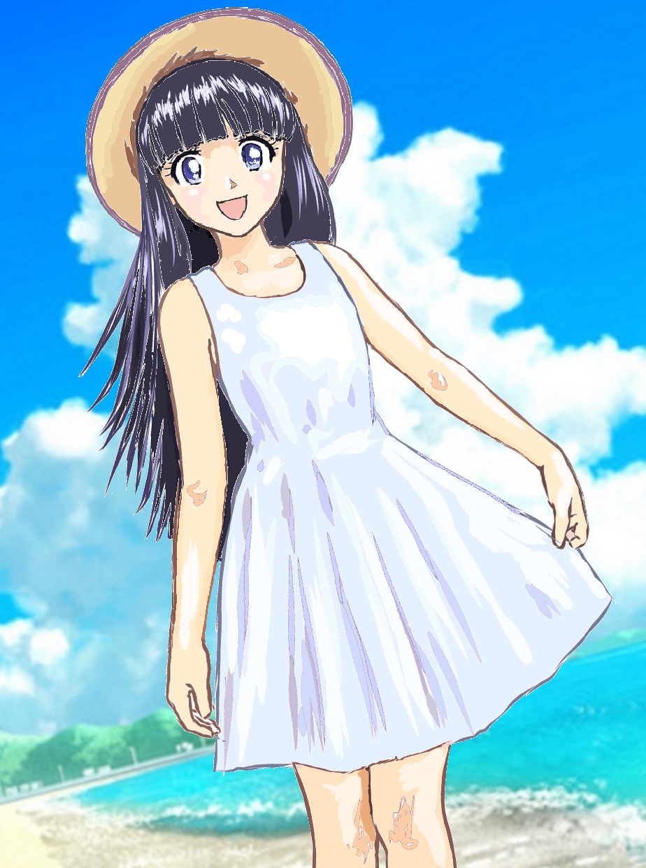 1girl :d bare_arms bare_shoulders beach blue_sky blunt_bangs clothes_lift clouds day dress dress_lift etou_ranze hat highres lifted_by_self long_hair looking_at_viewer mizumori_keiichi open_mouth outdoors purple_hair sand sky smile solo standing straight_hair tokimeki_tonight water white_dress yellow_headwear