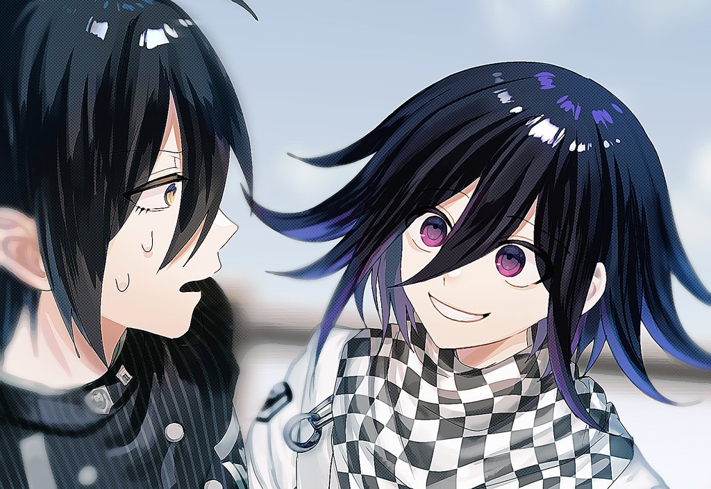 2boys :d black_jacket buttons checkered_clothes checkered_scarf danganronpa_(series) danganronpa_v3:_killing_harmony eye_contact flipped_hair grin hair_between_eyes jacket looking_at_another male_focus multicolored_hair multiple_boys oma_kokichi profile saihara_shuichi scarf short_hair smile striped striped_jacket sweat teeth teruha_kurumi two-tone_hair violet_eyes white_jacket