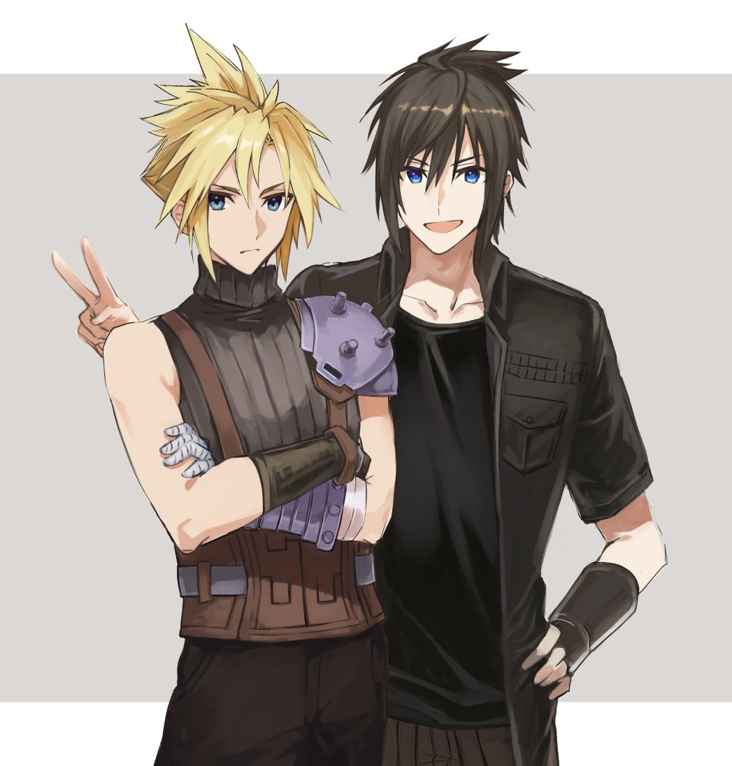 2boys 57hosr armor black_gloves black_hair black_jacket black_shirt blonde_hair blue_eyes border closed_mouth cloud_strife collarbone commentary cowboy_shot crossed_arms final_fantasy final_fantasy_vii final_fantasy_vii_remake final_fantasy_xv fingerless_gloves gloves hair_between_eyes hand_on_own_hip hand_up jacket looking_at_viewer male_focus multiple_boys noctis_lucis_caelum open_clothes open_jacket open_mouth outside_border ribbed_sweater serious shirt short_hair short_sleeves shoulder_armor single_glove sleeveless sleeveless_turtleneck smile spiky_hair sweater turtleneck turtleneck_sweater v white_border
