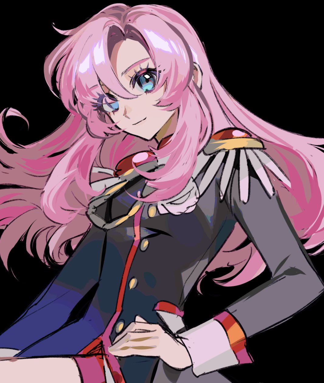 1girl aiguillette black_background black_jacket blue_eyes breasts closed_mouth epaulettes hair_between_eyes hand_on_own_hip highres jacket long_hair long_sleeves looking_at_viewer nima_(nimamann) pink_hair red_shorts shorts shoujo_kakumei_utena simple_background small_breasts smile solo tenjou_utena