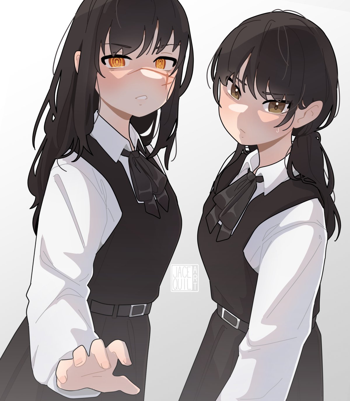 2girls belt black_hair black_ribbon blush brown_eyes chainsaw_man closed_mouth collared_shirt cross_scar dress dual_persona english_commentary fourth_east_high_school_uniform gradient_background highres jacequilart long_hair looking_at_viewer low_twintails mitaka_asa multiple_girls neck_ribbon parted_lips pinafore_dress reaching reaching_towards_viewer ribbon ringed_eyes scar scar_on_cheek scar_on_face school_uniform shaded_face shirt sleeveless sleeveless_dress sweatdrop twintails white_shirt yellow_eyes yoru_(chainsaw_man)