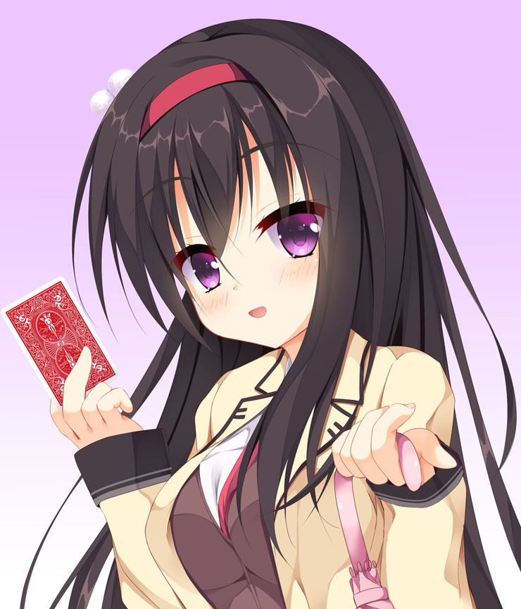 1girl :d black_hair blush breasts brown_vest card commentary_request eyelashes gradient_background hair_between_eyes hair_ornament hairband hands_up holding holding_card holding_umbrella jacket large_breasts long_hair long_sleeves looking_at_viewer necktie nijouin_hazuki open_clothes open_jacket open_mouth pink_umbrella pom_pom_(clothes) pom_pom_hair_ornament purple_background red_hairband red_necktie riddle_joker school_uniform shrimp_3 sidelocks simple_background smile solo umbrella upper_body very_long_hair vest violet_eyes white_background yellow_jacket