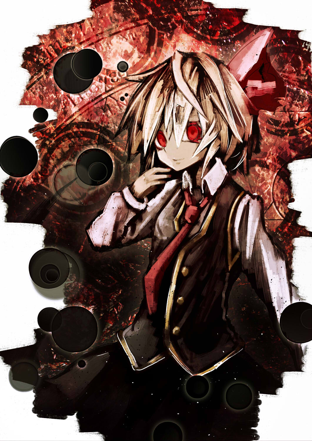 1girl black_skirt black_vest blonde_hair buttons closed_mouth collared_shirt commentary_request cowboy_shot darkness denpa_rasaito flat_chest gold_trim hair_between_eyes hair_ribbon highres long_bangs long_sleeves looking_at_viewer necktie red_background red_eyes red_necktie red_ribbon ribbon rumia shirt short_hair skirt skirt_set smile solo touhou vest white_shirt