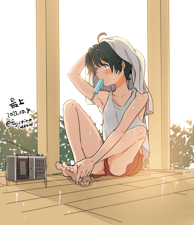1girl ahoge alternate_costume barefoot black_hair character_name dated feet fujii_rino green_eyes hands_on_feet kantai_collection mogami_(kancolle) one-hour_drawing_challenge orange_shorts radio short_hair shorts sitting solo tank_top toes towel towel_on_head twitter_username white_tank_top wooden_floor