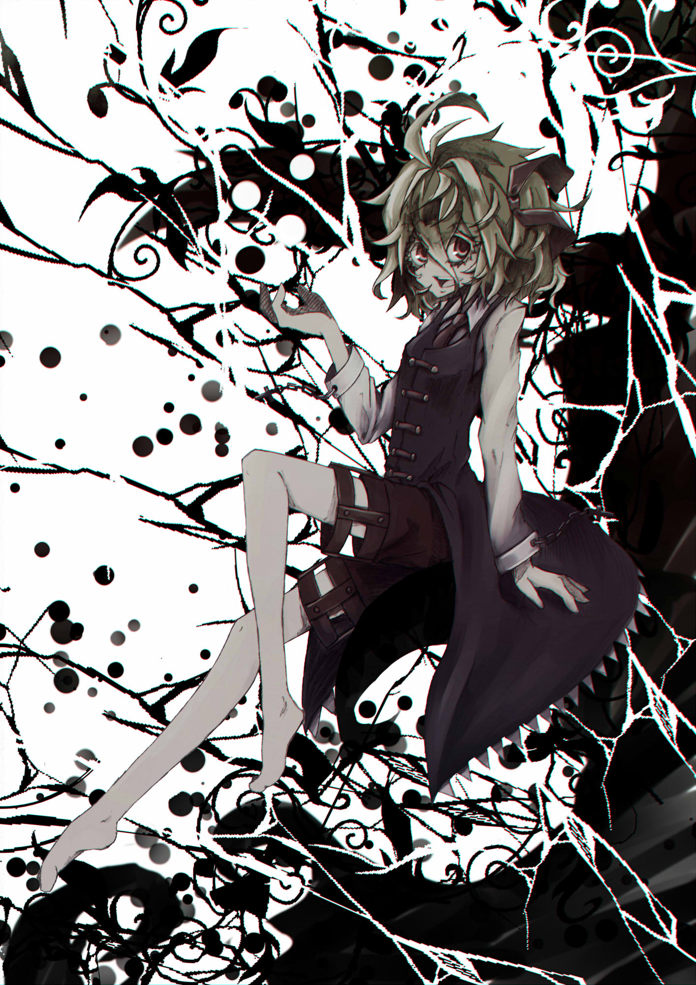 1girl ahoge barefoot black_background black_dress black_shorts blonde_hair chain collared_shirt commentary_request darkness denpa_rasaito dress full_body hair_between_eyes hair_ribbon highres long_bangs long_sleeves looking_at_viewer messy_hair muted_color open_mouth pinafore_dress red_eyes red_ribbon ribbon rumia shirt short_hair shorts shorts_under_dress sleeveless sleeveless_dress smile solo touhou white_background white_shirt