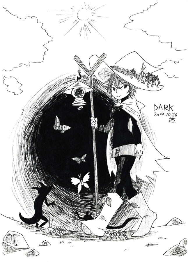 1girl aizawa_sachi black_pants black_sweater bug butterfly cape clouds cloudy_sky dated day english_text full_body hat holding holding_staff inktober looking_at_viewer monochrome original pants pantyhose short_hair shorts sky smile spider staff sun sweater walking witch witch_hat