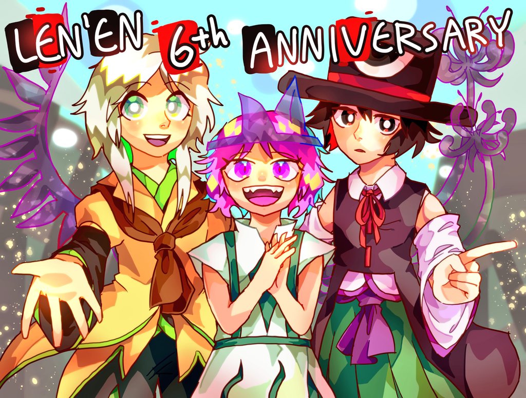 3others androgynous anniversary ascot black_coat black_eyes black_hair black_headwear black_shorts black_sleeves blue_sky bow bowtie brown_ascot brown_coat clouds coat collared_jacket collared_shirt commentary_request copyright_name detached_sleeves energy_wings english_text enraku_tsubakura eye_of_senri eye_on_hat eyelashes fangs flower frown green_eyes green_skirt green_trim hakama hakama_skirt hands_on_own_chest hat houlen_yabusame jacket japanese_clothes jinbei_(clothes) kimono layered_sleeves len'en long_sleeves looking_at_viewer multiple_others open_mouth outdoors outstretched_arms own_hands_clasped own_hands_together parted_lips pink_eyes pink_flower pink_hair pink_wings pointing puffy_short_sleeves puffy_sleeves reaching reaching_towards_viewer red_bow red_bowtie ribbon-trimmed_coat rock shion_(len'en) shirt short_hair short_hair_with_long_locks short_over_long_sleeves short_sleeves shorts skirt sky sleeveless sleeveless_coat sleeveless_kimono sleeveless_shirt smile teeth top_hat triangular_headpiece upper_teeth_only waiwa_way white_hair white_kimono white_shirt white_sleeves wide_sleeves wings