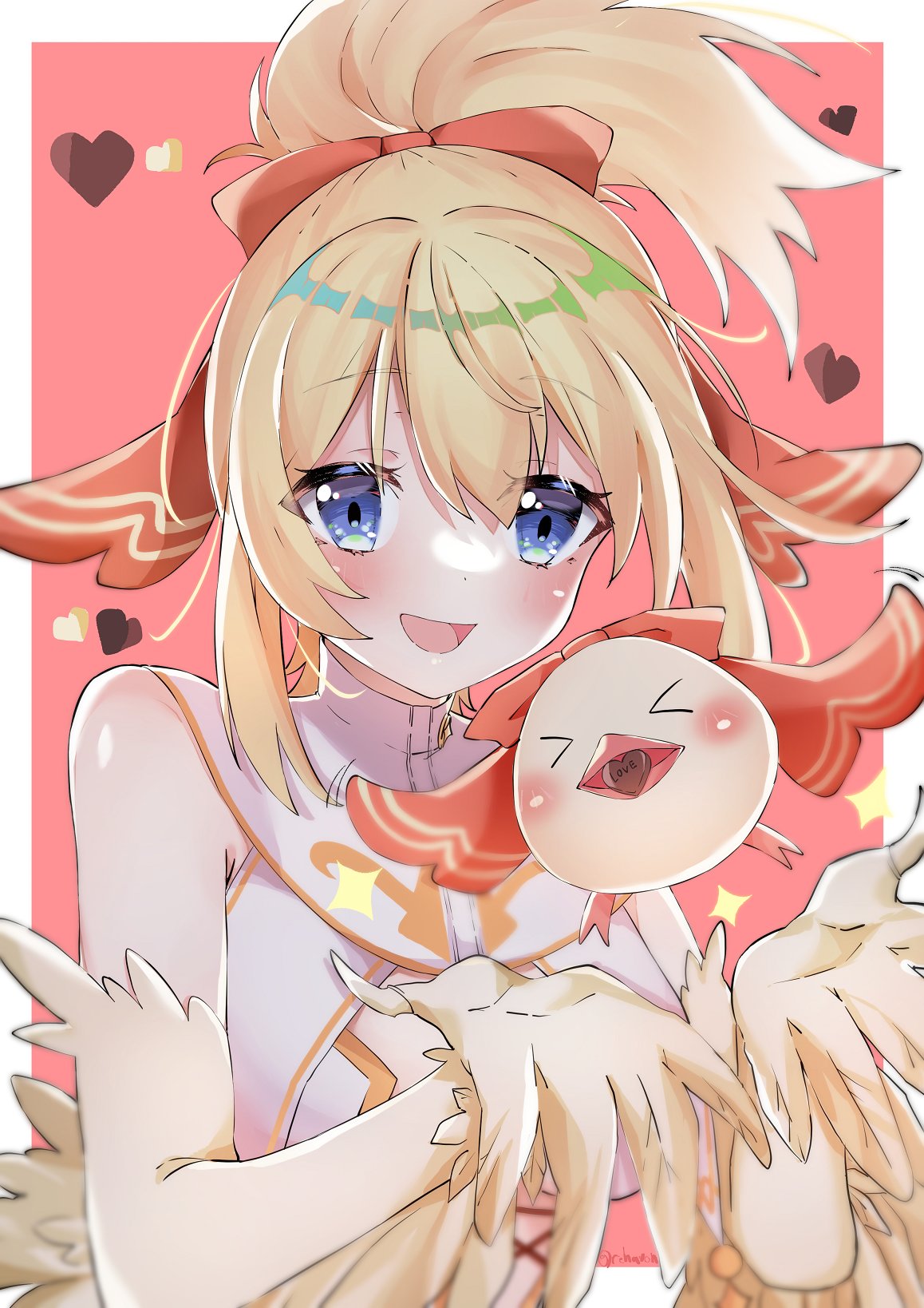 1girl bird blonde_hair blue_eyes blush candy chocolate feather_fingers feathers food hair_between_eyes hair_ribbon harpy heart heart-shaped_chocolate highres indie_virtual_youtuber mavia_(vtuber) monster_girl open_mouth ponytail rehavon ribbon sleeveless solo sparkle virtual_youtuber winged_arms wings yellow_feathers yellow_wings