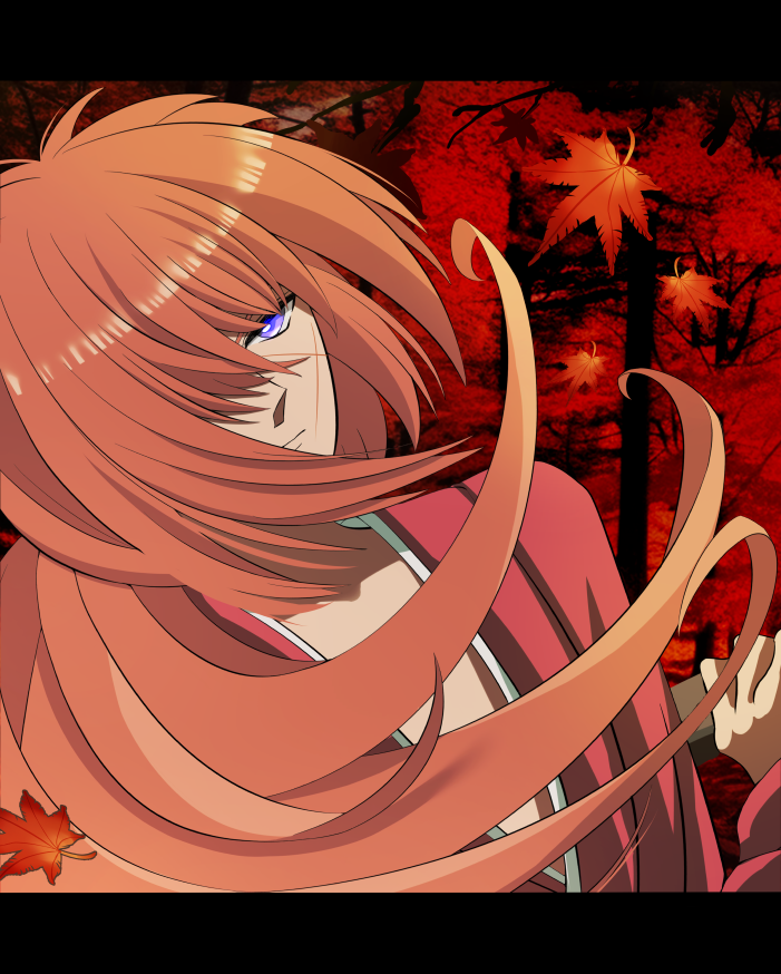 1boy autumn brown_hair drawing_sword expressionless forest from_above hair_over_one_eye himura_kenshin holding holding_sword holding_weapon japanese_clothes kimono leaf letterboxed long_hair looking_up male_focus maple_leaf nature red_kimono rurouni_kenshin scar scar_on_face solo sword tsushiro_(nikeuruseee) upper_body violet_eyes weapon