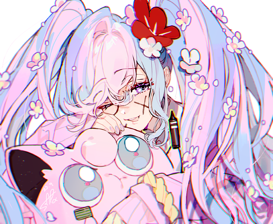 1girl :t blush dated eyelashes facepaint fairy_miku_(project_voltage) flower hair_between_eyes hair_flower hair_ornament hatsune_miku jigglypuff long_hair long_sleeves looking_at_viewer nail_polish one_eye_closed pink_hair pokemon pokemon_(creature) project_voltage red_flower sapphire_(nine) scrunchie signature twintails very_long_hair violet_eyes vocaloid white_flower wrist_scrunchie