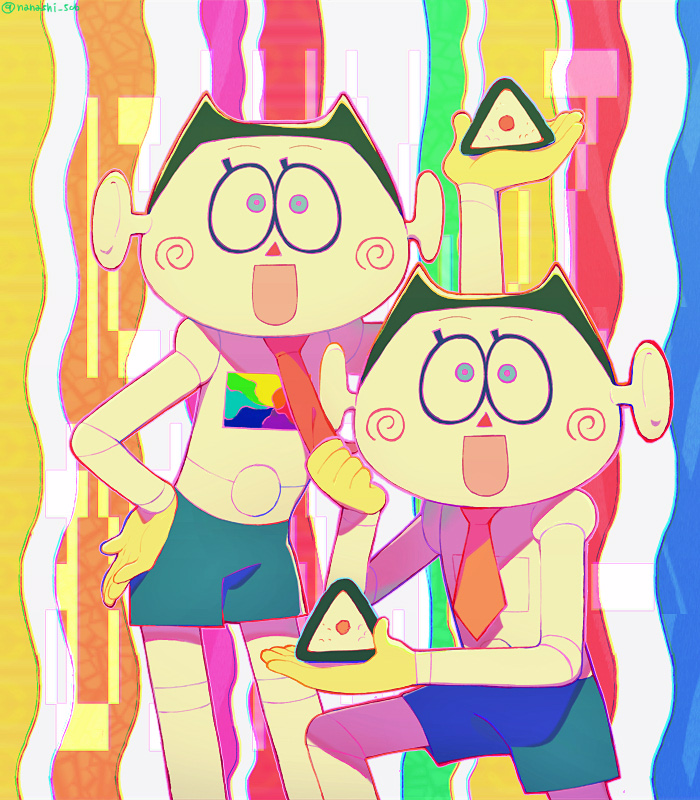 2others chromatic_aberration food hand_on_own_hip holding holding_food multiple_others name_connection necktie on_one_knee onigiri orange_necktie osomatsu-san other_focus rainbow_background red_necktie robot screen shake_(osomatsu-san) show_chiku-by siblings sleeping sleeping_upright twins ume_(osomatsu-san)