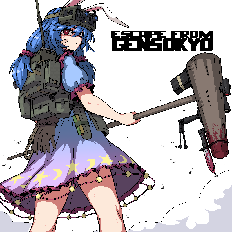 1girl bayonet bipod black_gloves blood blood_on_weapon blue_dress blue_hair commentary dress english_commentary escape_from_tarkov formicid gloves glowstick green_bag hammer holding night_vision parody radio_antenna red_eyes seiran_(touhou) solo star_(symbol) star_print title_parody touhou weapon white_background