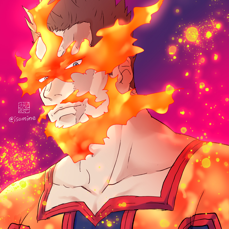 1boy alternate_hair_color beard_stubble bodysuit boku_no_hero_academia brown_hair embers endeavor_(boku_no_hero_academia) expressionless facial_hair fiery_beard fiery_hair flaming_eyes gradient_background isomine looking_at_viewer male_focus mature_male mustache mustache_stubble pectorals portrait scar scar_across_eye serious short_hair sideburns_stubble solo thick_eyebrows