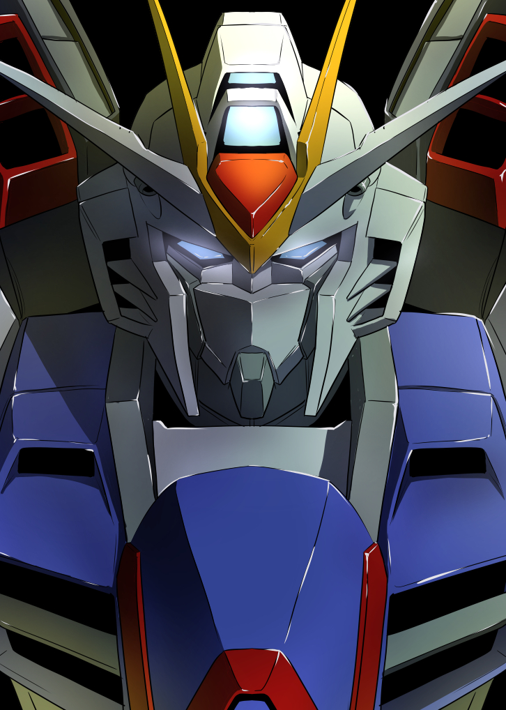 akifumi_onigiri black_background blue_eyes check_commentary commentary commentary_request glowing glowing_eyes gundam gundam_seed gundam_seed_freedom looking_at_viewer mecha mobile_suit no_humans portrait rising_freedom_gundam robot science_fiction solo v-fin