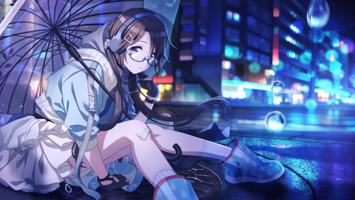 1girl ankle_socks bandaid bandaid_on_knee bandaid_on_leg black_hair blue-framed_eyewear blue_eyes blue_jacket blurry blurry_background bokeh boots city commentary cropped_jacket depth_of_field fingerless_gloves frilled_skirt frills game_cg glasses gloves headphones hood idolmaster idolmaster_shiny_colors jacket long_hair looking_at_viewer low_twintails mitsumine_yuika night official_art on_ground outdoors parted_bangs parted_lips reflective_floor road rubber_boots scrunchie semi-rimless_eyewear sitting skirt socks solo street transparent transparent_umbrella twintails umbrella under-rim_eyewear very_long_hair water_drop white_socks