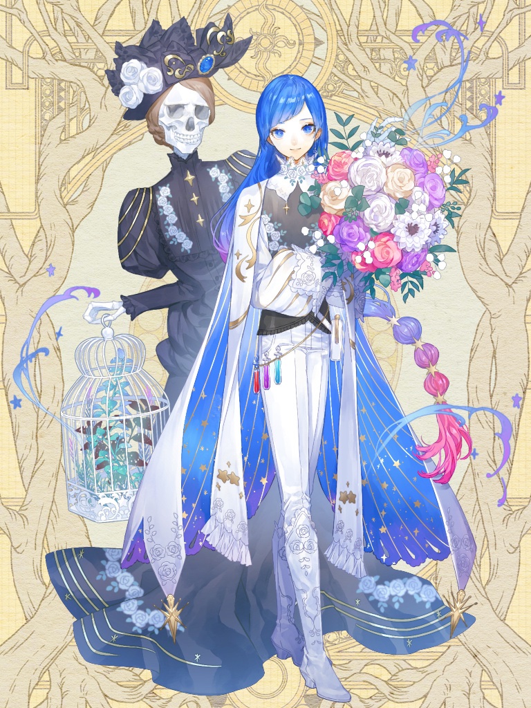 1boy 1girl alba_alfurira androgynous birdcage black_dress black_headwear black_vest blue_cape blue_eyes blue_hair boots bouquet braid brown_hair cage cape dairoku_ryouhei diagonal_bangs dress earrings floral_print flower full_body gradient_hair hair_ornament holding holding_bouquet holding_cage jewelry juliet_sleeves kao_o0 knee_boots long_dress long_hair long_sleeves looking_at_viewer low-braided_long_hair male_focus multicolored_hair pants pink_flower pink_hair pink_rose plant puffy_long_sleeves puffy_sleeves purple_flower purple_rose rose rose_print shirt single_braid single_earring skeleton smile star_(symbol) star_earrings star_hair_ornament star_print stole two-sided_cape two-sided_fabric undead very_long_hair vest vial white_cape white_flower white_footwear white_pants white_rose white_shirt yellow_background yellow_flower yellow_rose