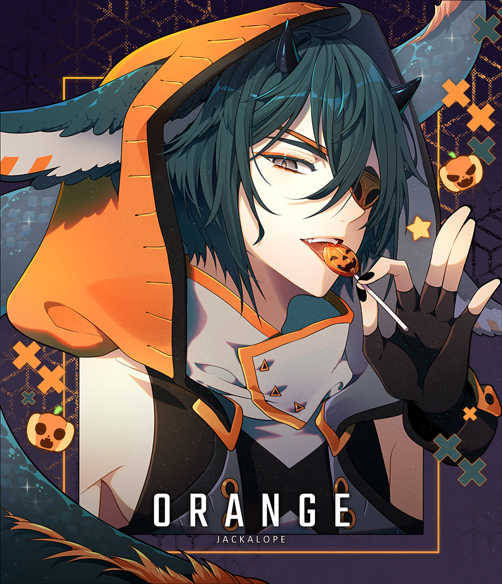 1boy animal_ears armpit_peek bishounen black_gloves black_horns black_nails black_vest blue_hair candy character_name collared_shirt colored_eyelashes commentary dark_blue_hair english_commentary english_text eyepatch fangs fingerless_gloves food gloves grey_eyes halloween hen-tie high_collar highres holding holding_candy holding_food holding_lollipop horns jack-o'-lantern licking lollipop looking_at_viewer male_focus nail_polish one-eyed open_mouth orange_(hen-tie) orange_hood orange_trim original purple_background robin_hood_(once_upon_a_time) shirt short_hair sleeveless sleeveless_shirt small_horns smile solo square teeth triangle_button upper_body upper_teeth_only vest white_shirt